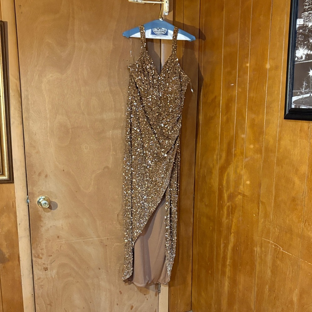 Cache Asymmetrical Sequin Dress in Brown